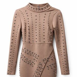 Boutique Handmade Studded Bodycon Dress | Size M | Statement Taupe- Ted baker?
